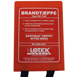 Brandtæppe 1,20x1,8m i box, dansk tekst en 1869 godkendt