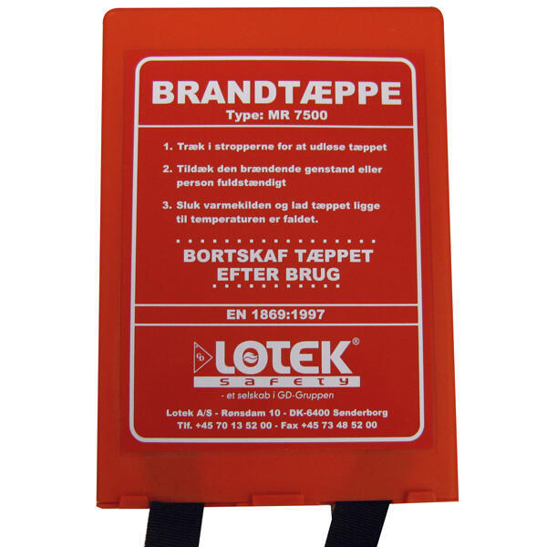 Brandtæppe 1,20x1,8m i box, dansk tekst en 1869 godkendt